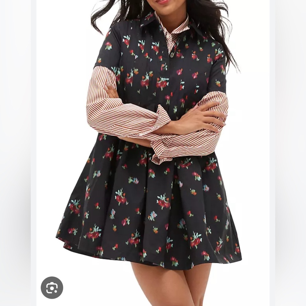 Hill House Rosalind Mini Shirt Dress in Black Ikat Floral, Size XL